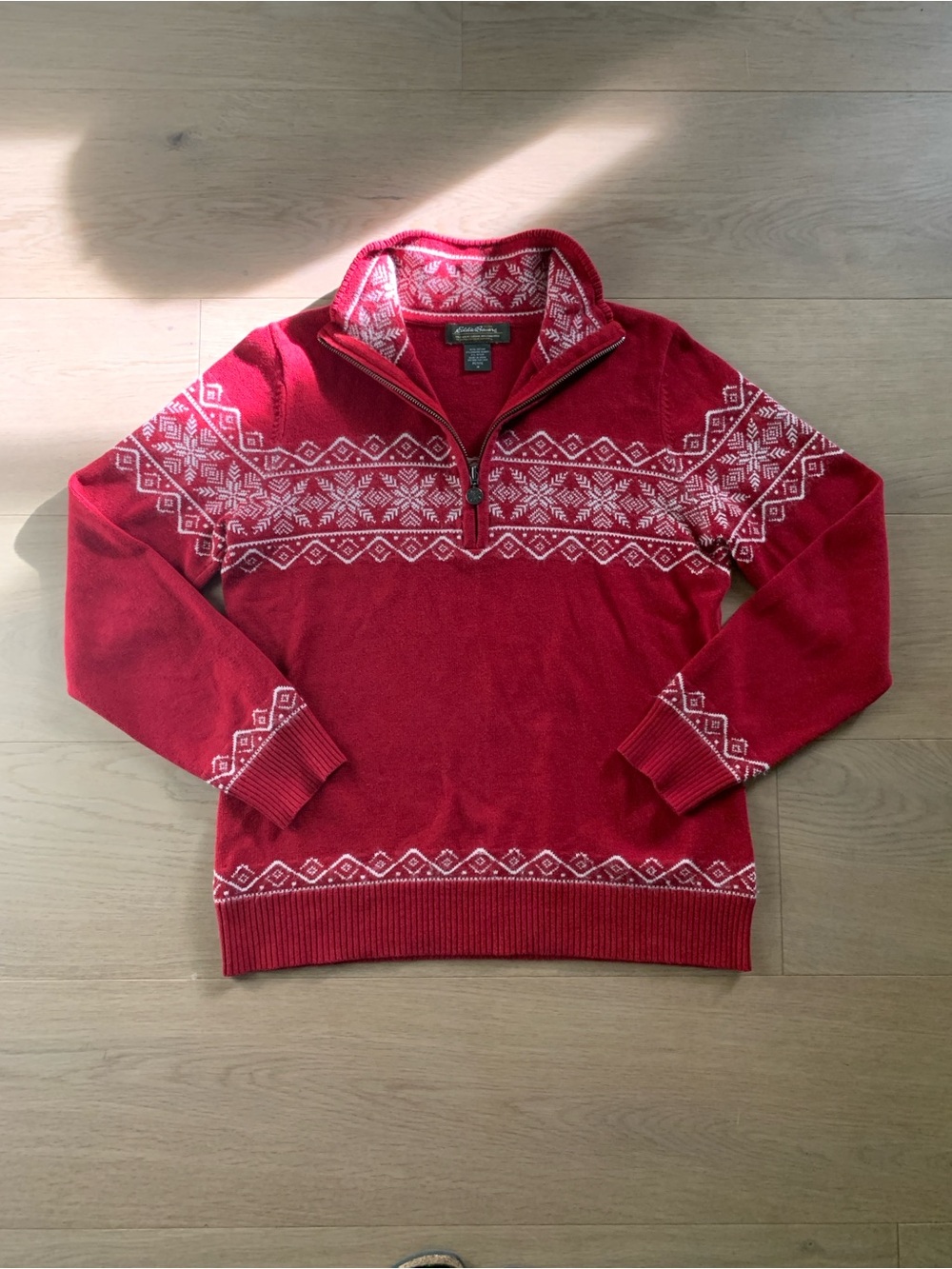 Vintage 90s Eddie Bauer Womens M Cotton Angora Fair Isle 1/4 Zip Nordic Sweater